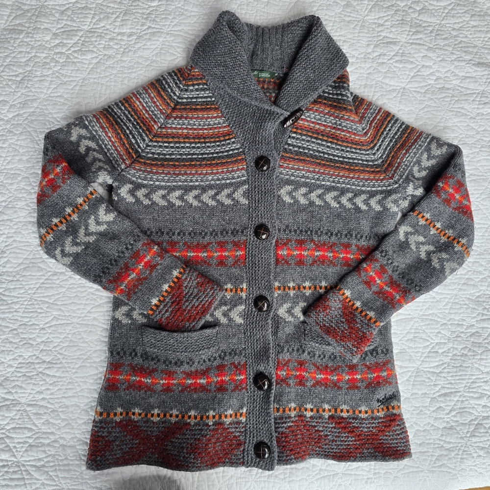 Woolrich Gray Shawl Collar Fair Isle Wool Cardigan with Red & Orange Accents